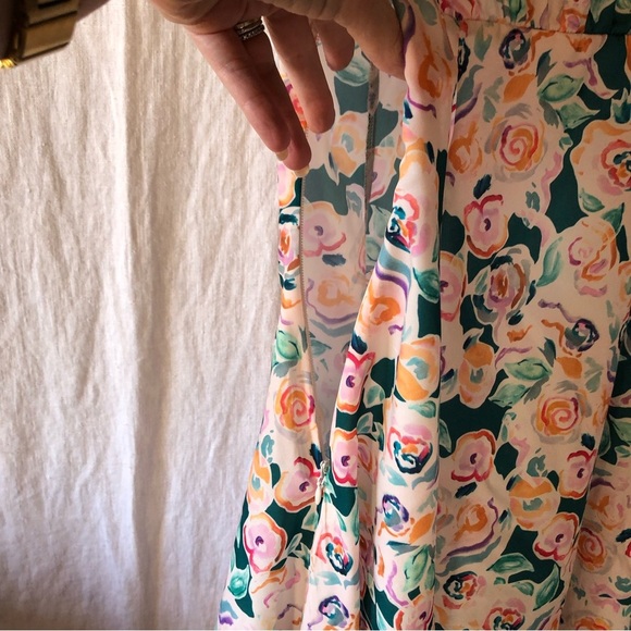 TOPSHOP floral deep v neck dress with flare skirt green pink and gold size 4 - Picture 7 of 9